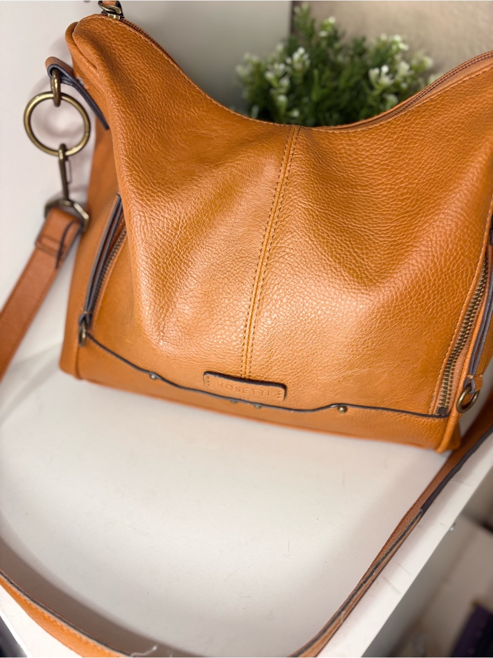 Rosetti Cognac Faux Leather Hobo Crossbody Shoulder Bag Slouchy Tan Orange Purse